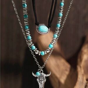 Turquoise and Silver Layered Necklace Set
